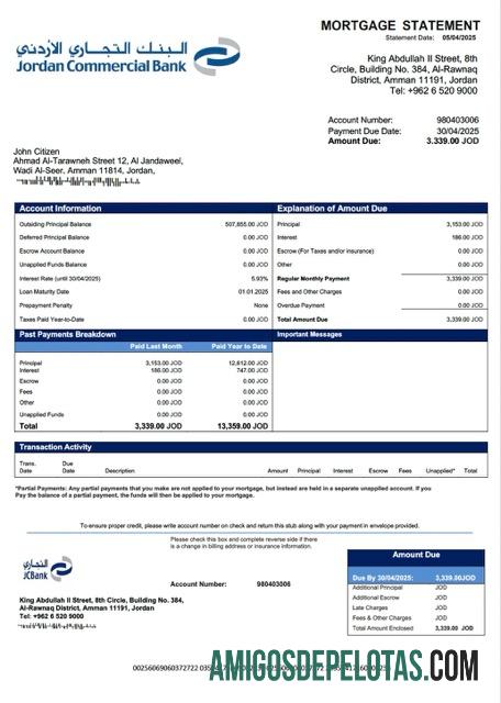 realista Modelo Word e PDF de extrato de hipoteca do banco comercial da Jordânia